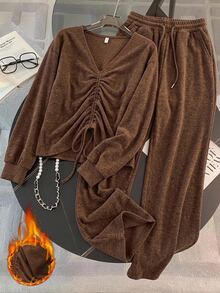 SHEIN LUNE Plus Size Women Solid Color V-Neck Pleated Top And Pants Casual Daily 2 Pieces Set Fall - Coffee Brown - View 8