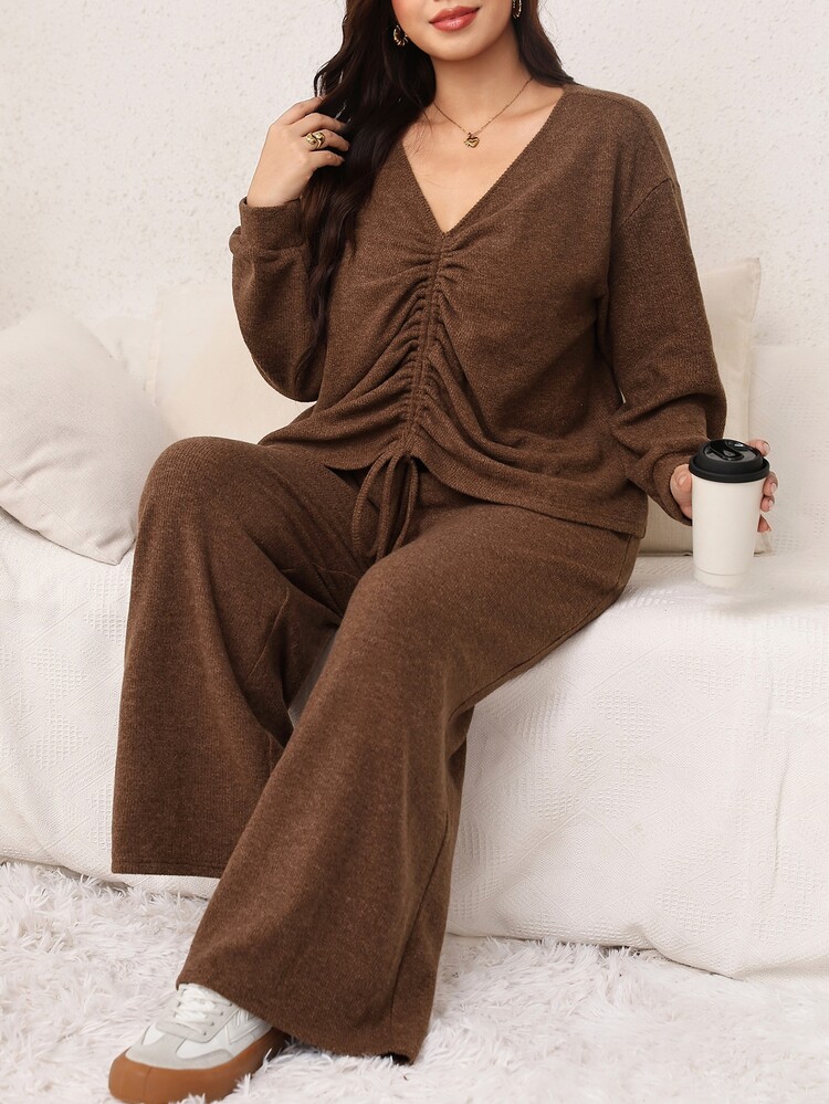 SHEIN LUNE Plus Size Women Solid Color V-Neck Pleated Top And Pants Casual Kawaii Daily 2 Pieces Set Autumn Lounge Formal Brown - Coffee Brown - View 7