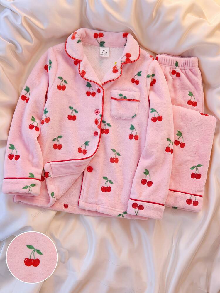 SHEIN Cute Pink Fuzzy Baby Girl Infant Pattern Home Wear Set Autumn - Pink - View 3