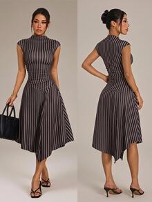 SHEIN PETITE Women's Street Style Sexy Striped Cinched Waist Asymmetrical Hem Dress Brunch Dark Grey Summer,Brown Dress,Petite Women - Navy Blue - View 11