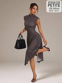 SHEIN PETITE Women's Street Style Sexy Striped Cinched Waist Asymmetrical Hem Dress Brunch Dark Grey Summer,Brown Dress,Petite Women - Navy Blue - View 1