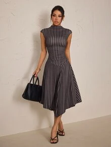 SHEIN PETITE Women's Street Style Sexy Striped Cinched Waist Asymmetrical Hem Dress Brunch Dark Grey Summer,Brown Dress,Petite Women - Navy Blue - View 5