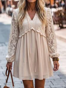 Breezaya Women's Lace Patchwork Pleated Casual Party Summer Dress - Apricot - View 7