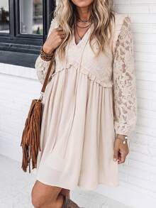 Breezaya Women's Lace Patchwork Pleated Casual Party Summer Dress - Apricot - View 4