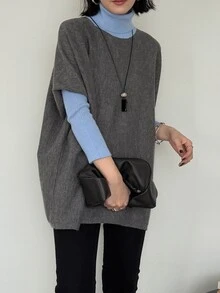 FRIFUL Women's Colorblock High Neck Long Sleeve Casual Loose Sweater - Grey - View 2