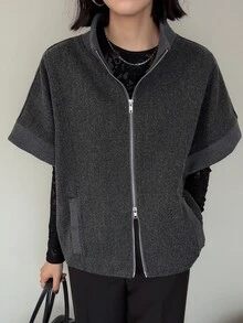 FRIFUL Women's Solid Color Zipper Casual Versatile Wool Blend Jacket - Grey - View 4