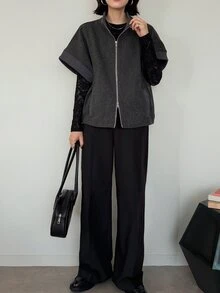 FRIFUL Women's Solid Color Zipper Casual Versatile Wool Blend Jacket - Grey - View 6