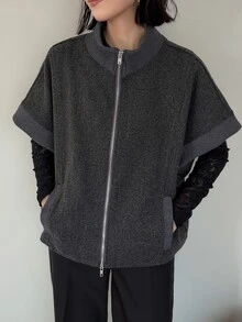 FRIFUL Women's Solid Color Zipper Casual Versatile Wool Blend Jacket - Grey - View 9