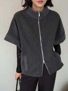 FRIFUL Women's Solid Color Zipper Casual Versatile Wool Blend Jacket - Grey - View 5