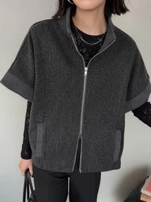 FRIFUL Women's Solid Color Zipper Casual Versatile Wool Blend Jacket - Grey - View 8