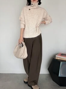FRIFUL Women's Solid Color Casual Versatile Daily Wear Long Sleeve Sweater - Apricot - View 6