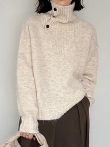 FRIFUL Women's Solid Color Casual Versatile Daily Wear Long Sleeve Sweater - Apricot - View 5