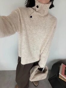 FRIFUL Women's Solid Color Casual Versatile Daily Wear Long Sleeve Sweater - Apricot - View 7