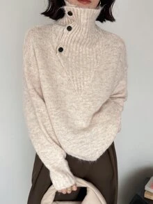 FRIFUL Women's Solid Color Casual Versatile Daily Wear Long Sleeve Sweater - Apricot - View 3