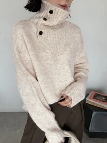 FRIFUL Women's Solid Color Casual Versatile Daily Wear Long Sleeve Sweater - Apricot - View 8