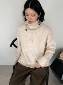 FRIFUL Women's Solid Color Casual Versatile Daily Wear Long Sleeve Sweater - Apricot - View 2