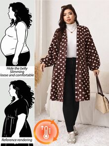 Easowa Curve Plus Size Women's Polka Dot Pattern Long Sleeve Loose Open Front Cardigan Winter - Mocha Brown - View 2