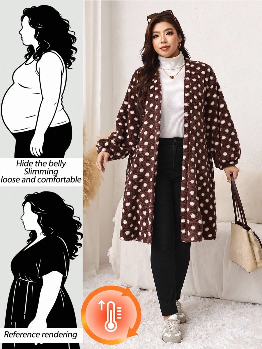 SHEIN LUNE 大尺碼女款波點圖案長袖寬鬆開襟衫 秋季教師風棕色休閒 1920年代復古 - 摩卡棕 - 查看 1