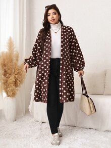 Easowa Curve Plus Size Women's Polka Dot Pattern Long Sleeve Loose Open Front Cardigan Winter - Mocha Brown - View 3