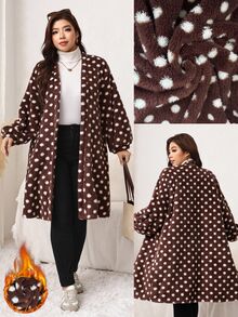 Easowa Curve Plus Size Women's Polka Dot Pattern Long Sleeve Loose Open Front Cardigan Winter - Mocha Brown - View 1