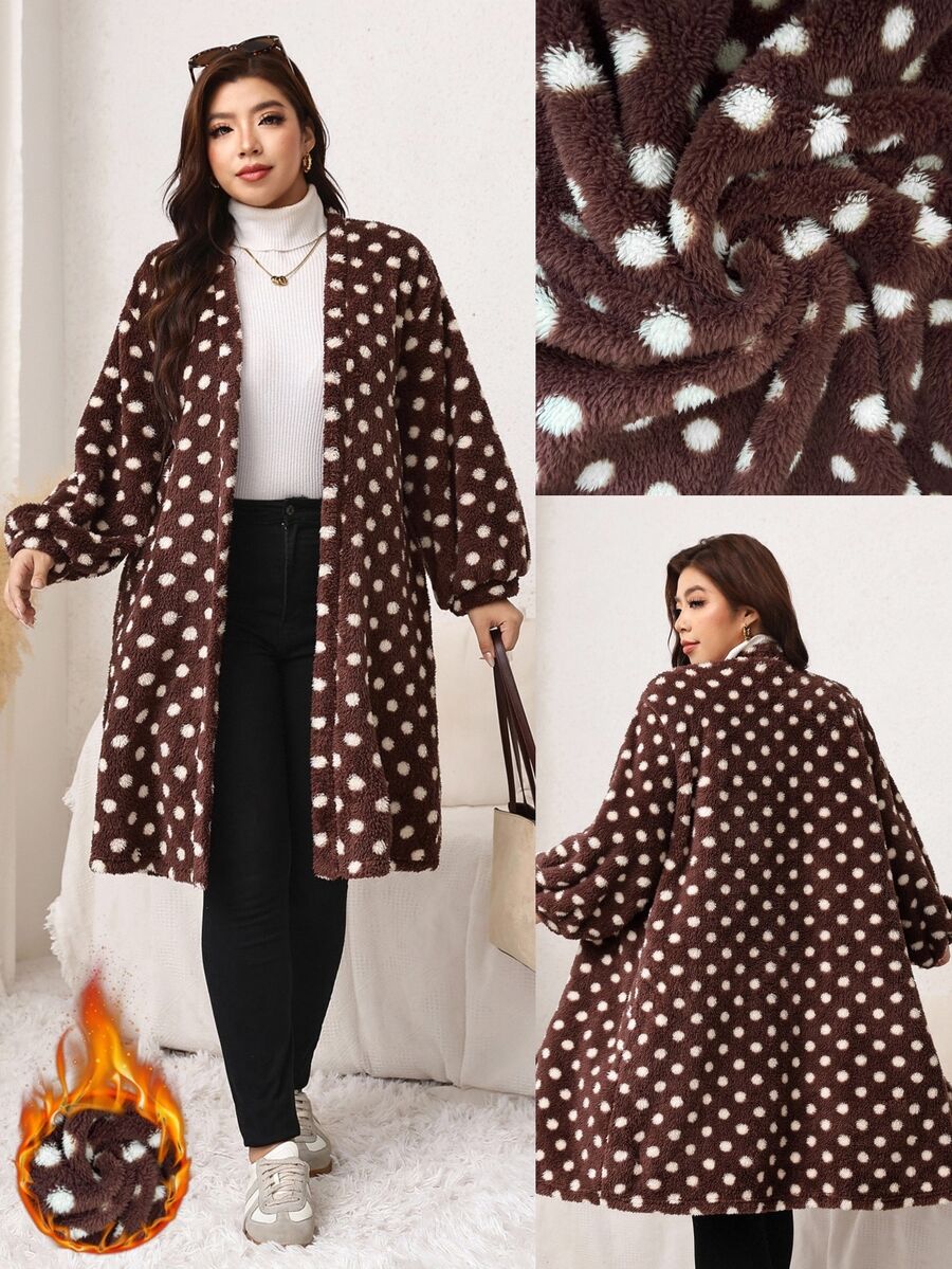 Easowa Curve Plus Size Women's Polka Dot Pattern Long Sleeve Loose Open Front Cardigan Winter - Mocha Brown - View 1