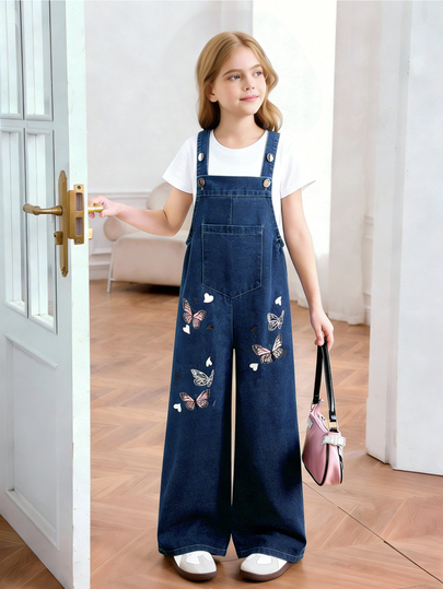 SHEIN Girls Cartoon Print Straight Leg Jumpsuit, White & Pink Butterfly Summer Casual Cute School Back To School Style, Washed Blue Fabric High Waist