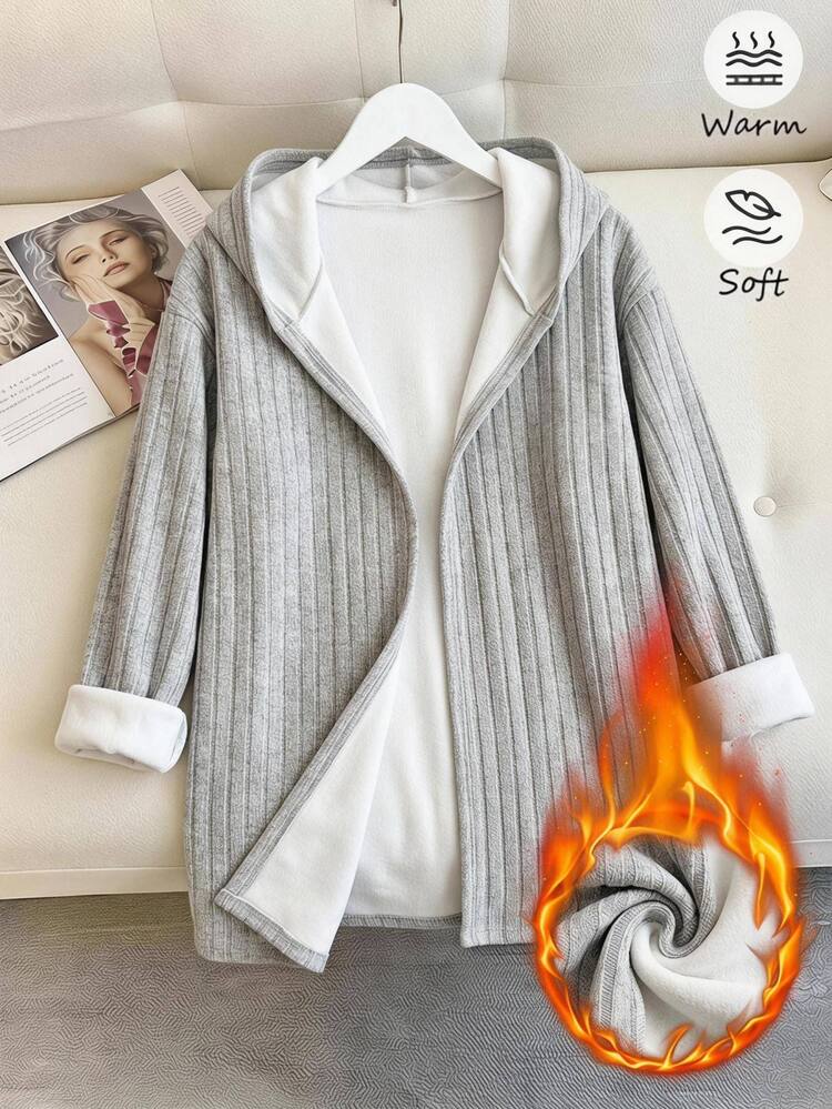 SHEIN Clasi Plus Size Thermal Lined Casual Baggy Fairycore Goth Streetwear Hooded Jacket, Autumn/Winter Club Vacation Business Going Out Concert Office Grey - Light Grey - View 8