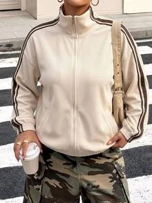 Muchica Plus Size Women's Colorblock Zipper Casual Everyday Long Sleeve Jacket - Apricot - View 6
