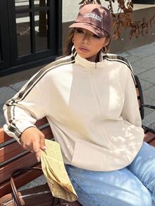 Muchica Plus Size Women's Colorblock Zipper Casual Everyday Long Sleeve Jacket - Apricot - View 1