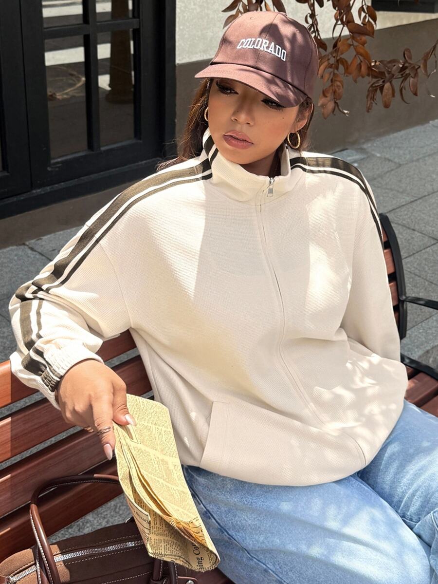 Muchica Plus Size Women's Colorblock Zipper Casual Everyday Long Sleeve Jacket - Apricot - View 1