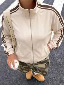 Muchica Plus Size Women's Colorblock Zipper Casual Everyday Long Sleeve Jacket - Apricot - View 2
