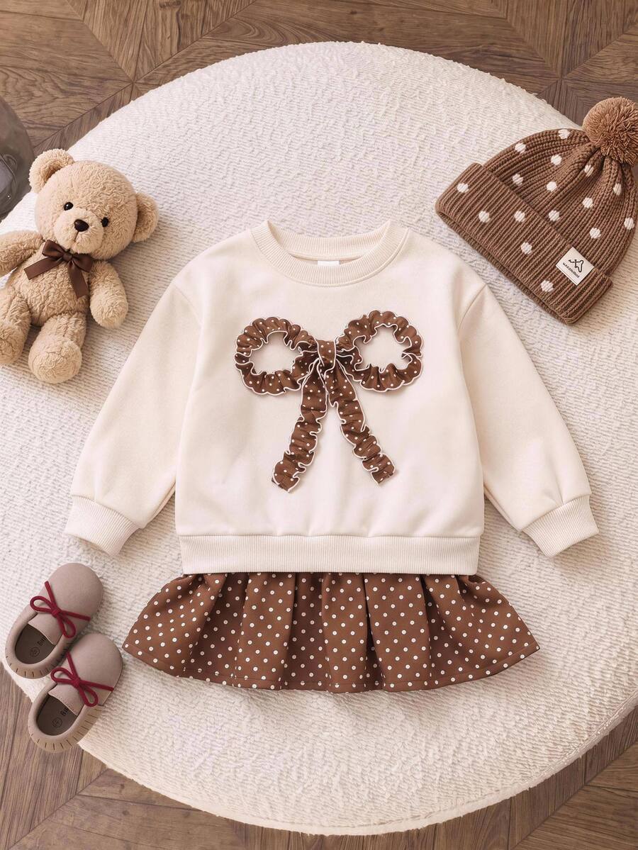SHEIN Baby Girl 3D Bow Polka Dot Print Round Neck Pullover Pleated Ruffle Patchwork Autumn Dress, Fleece Lined Thick Style, Suitable For Winter - Apricot - View 1