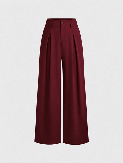 Elenzga Plus Size Women's Burgundy High Waist Pleated Wide Leg Long Pants, Back Elastic Waist, Elegant Commute Daily Going Out Versatile Dressy Trousers