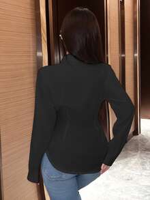 EMERY ROSE Women's Solid Color Asymmetric Hem Cross Wrap Elegant Long Sleeve Women Shirt,Long Sleeve Tops Fall Cloth For Women - Black - View 2