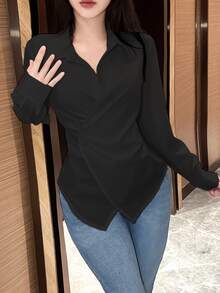 EMERY ROSE Women's Solid Color Asymmetric Hem Cross Wrap Elegant Long Sleeve Women Shirt,Long Sleeve Tops Fall Cloth For Women - Black - View 7
