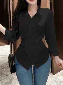 EMERY ROSE Women's Solid Color Asymmetric Hem Cross Wrap Elegant Long Sleeve Women Shirt,Long Sleeve Tops Fall Cloth For Women - Black - View 4