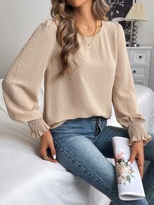 Easowa Women's Round Neck Solid Color Ruffled Bell Sleeve Blouse, Spring/Summer Business Casual Woman,Long Sleeve Tops - Apricot - View 8