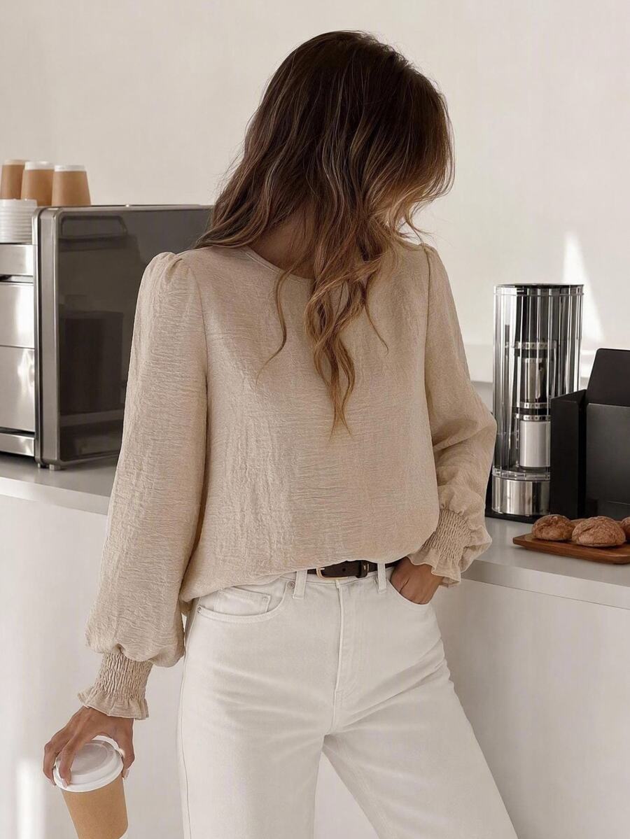 Easowa Women's Round Neck Solid Color Ruffled Bell Sleeve Blouse, Spring/Summer Business Casual Woman,Long Sleeve Tops