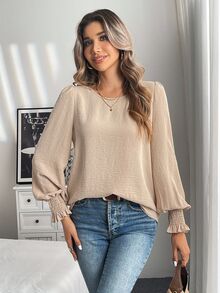 Easowa Women's Round Neck Solid Color Ruffled Bell Sleeve Blouse, Spring/Summer Business Casual Woman,Long Sleeve Tops - Apricot - View 7
