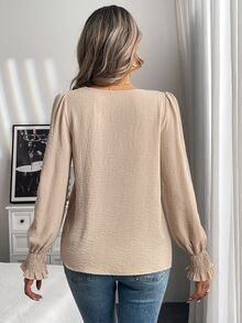 Easowa Women's Round Neck Solid Color Ruffled Bell Sleeve Blouse, Spring/Summer Business Casual Woman,Long Sleeve Tops - Apricot - View 4