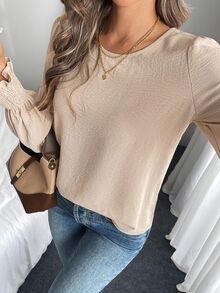 Easowa Women's Round Neck Solid Color Ruffled Bell Sleeve Blouse, Spring/Summer Business Casual Woman,Long Sleeve Tops - Apricot - View 5