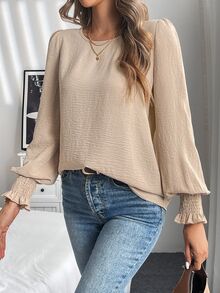 Easowa Women's Round Neck Solid Color Ruffled Bell Sleeve Blouse, Spring/Summer Business Casual Woman,Long Sleeve Tops - Apricot - View 6