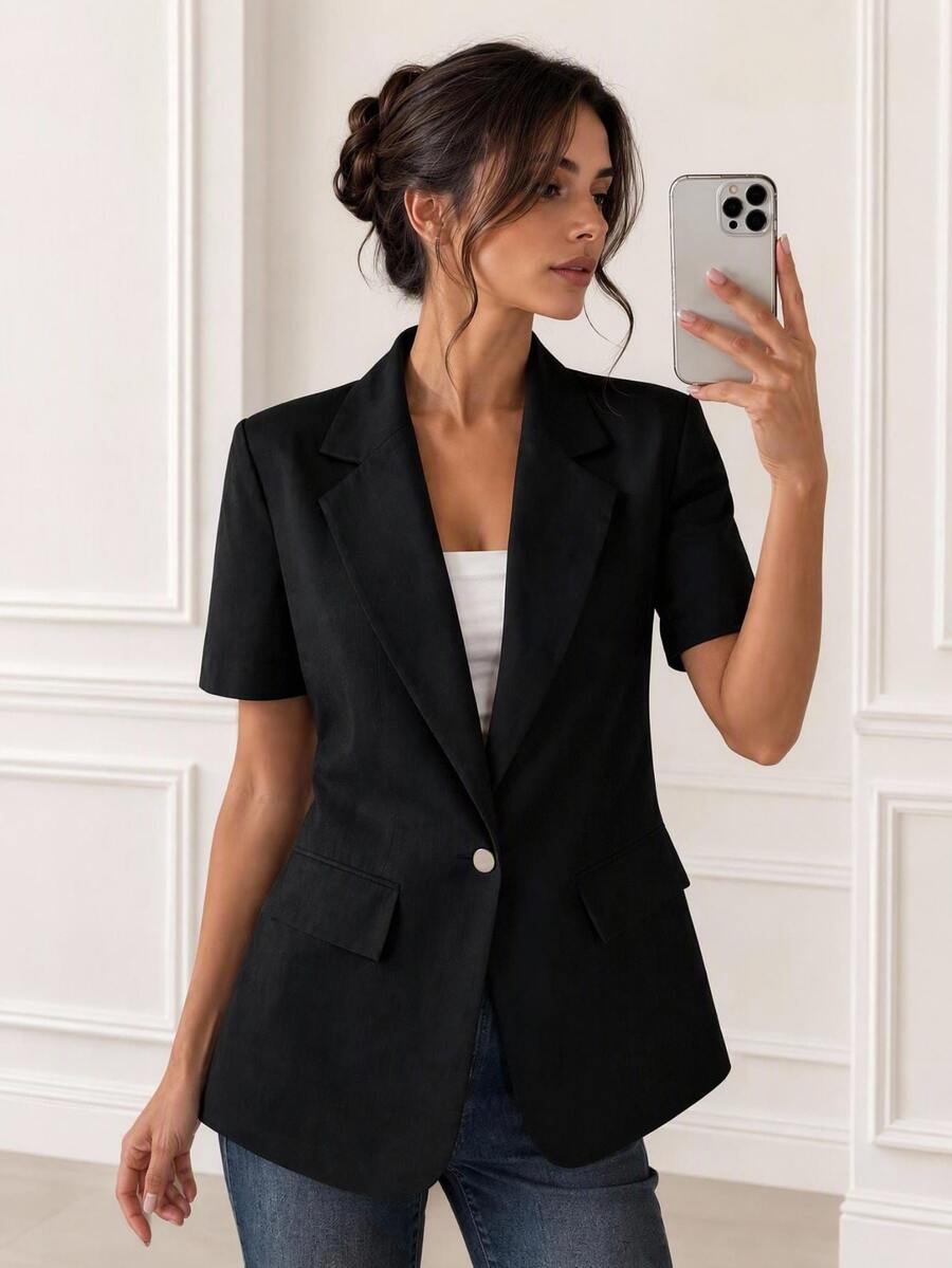 Easowa INS Style Blazer For Women, Spring Summer, Workwear Business Office Business Casual In Fall/Winter,Casual Teachers' Day Black Fall Clothes For Women - Black - View 1