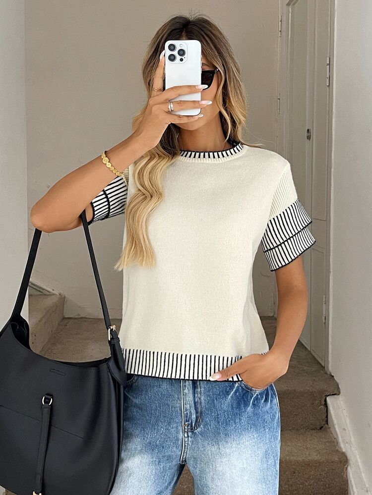 Easowa Women's White And Black Contrast Trim Knit Blouse With Short Sleeve,Knitted Sweater Brunch Casual - Multicolor - View 5