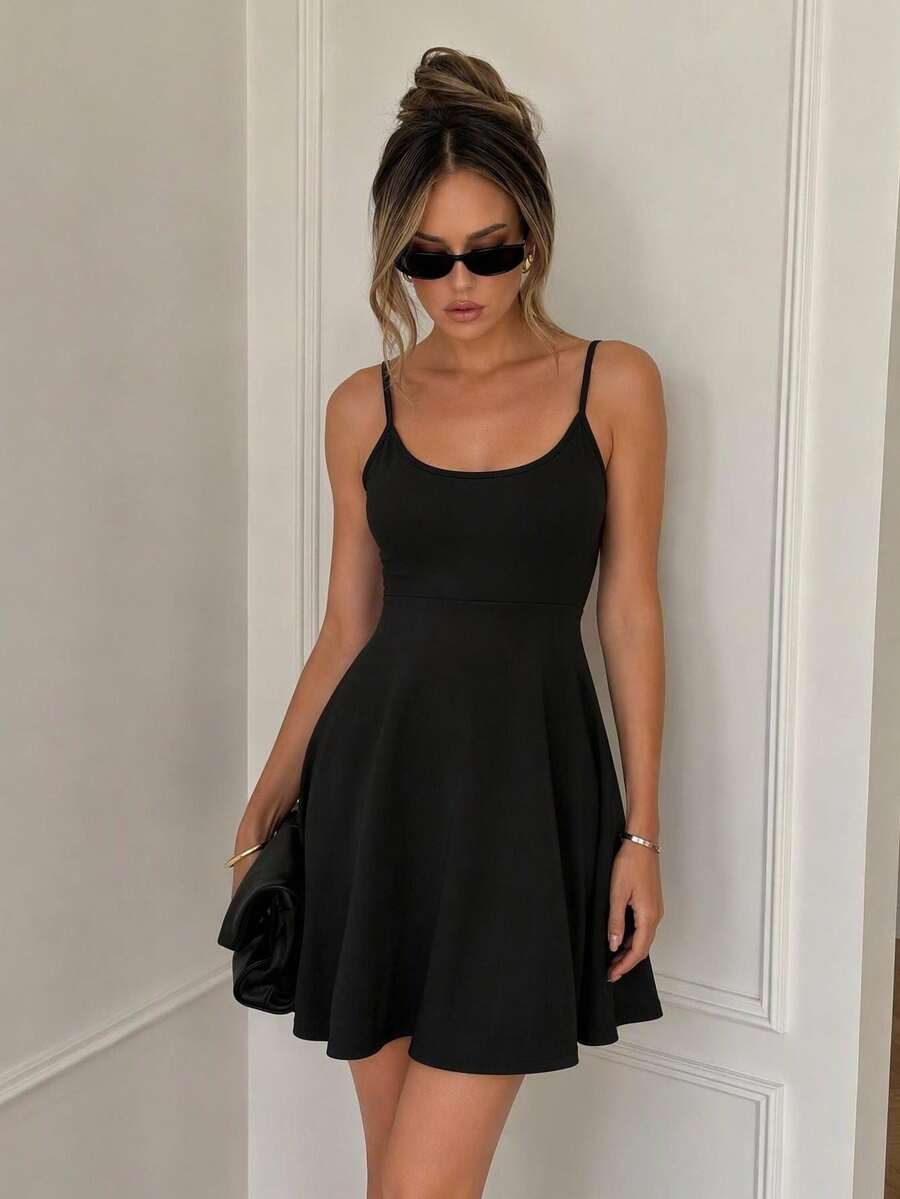 Easowa Vestido de tirantes con dobladillo acampanado, vestido semi formal, casual - Negro - Ver 1