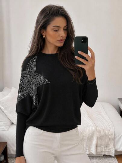 Easowa Women Casual Solid Color Rhinestoned Batwing Sleeve Basic T-Shirt, Autumn/Winter Christmas Clothes Women,Casual