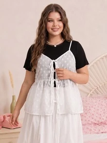 CovetEZ Plus Size Casual T-Shirt & Spaghetti Strap Sheer Textured 2 Pieces Set, Spring/Summer, Summer Outfits See Through Top Babydoll Tops Woman - Black and White - View 5