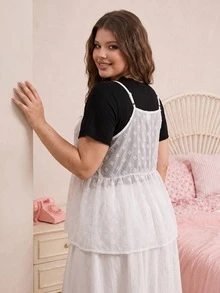 CovetEZ Plus Size Casual T-Shirt & Spaghetti Strap Sheer Textured 2 Pieces Set, Spring/Summer, Summer Outfits See Through Top Babydoll Tops Woman - Black and White - View 2