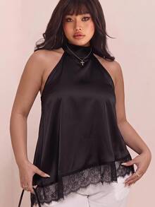 CovetEZ Plus Size Women Satin & Lace Asymmetric Halter Backless Blouse, Suitable For Vacation, Spring/Summer Black Top Latest Tops New Arrivals Trim - Black - View 1