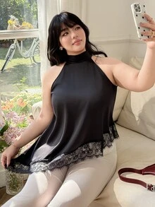 CovetEZ Plus Size Women Satin & Lace Asymmetric Halter Backless Blouse, Suitable For Vacation, Spring/Summer Black Top Latest Tops New Arrivals Trim - Black - View 5